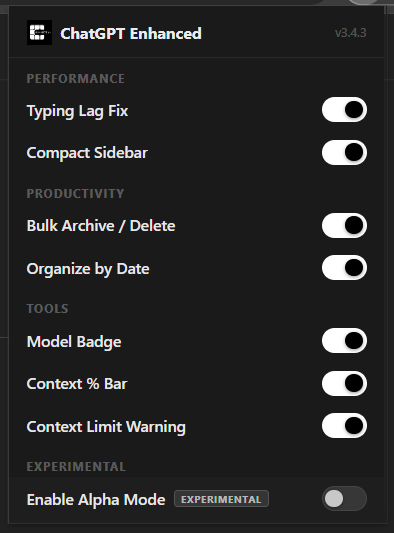 ChatGPT++ extension popup menu showing all feature toggles
